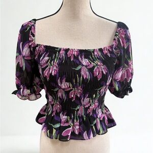 NWT WAYF Black and Purple Floral Smocked Blouse